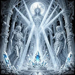 baleful crystal harmonic gatekeepers of the elegant glass pageant temple of the drowned industrial god, choral freeze, pristine Philistine death rays, moon illusion, very detailed, intricate line drawing, 8k resolution