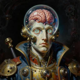 baroque neoclassicist close - up sci - fi portrait of a colorful steampunk overlord admiral marble statue with big glowing eyes gazing intensely, a brain in a bubble. dark black ominous background, glowing atmosphere. highly detailed science fiction horror painting by norman rockwell, frank frazetta, and syd mead. rich colors, high contrast, gloomy atmosphere. trending on artstation and behance.