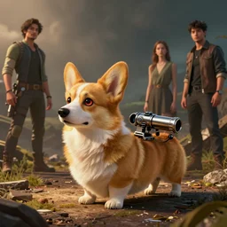 cyborg corgi with a robotic eye and a small cannon for a tail that looks like it is from Borderlands and by Feng Zhu and Loish and Laurie Greasley, Victo Ngai, Andreas Rocha, John Harris