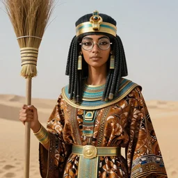 an anthropomorphic beautiful goddess female pharaoh portrait holding a broomstick wearing batik robe in a desert, round glasses, dreadlock breed hair, fine art, award winning, intricate, elegant, sharp focus, octane render, hyperrealistic, cinematic lighting, highly detailed, digital painting, 8 k concept art, art by jamie hewlett and z. w. gu, masterpiece, trending on artstation, 8 k