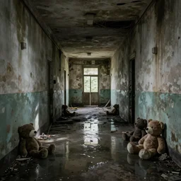 backrooms abandoned mall, moldy walls and smoldering stuffed animals sitting in shallow water