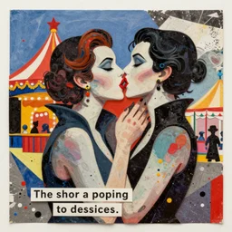 two vampire women kissing at a carnival, mixed media collage, retro, paper collage, magazine collage, acrylic paint splatters, bauhaus, abstract claymation, layered paper art, sapphic visual poetry expressing the utmost of desires by jackson pollock