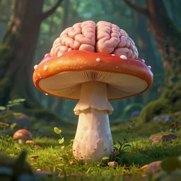 a mushroom in a fantasy forest, but hat of the mushroom is a brain, 8 k, unreal engine, trending on artstation,