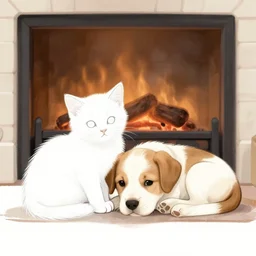 a sketch of a kitten and a puppy snuggling under the fireplace