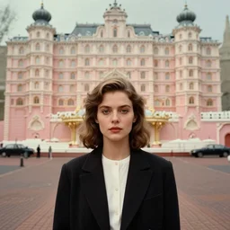 3 d cinematic close portrait of a 1 9 8 0 s symmetrical, pretty woman with fine facial features, standing in a complex street by edward hopper, jeffrey smart, grand budapest hotel, ornate theatre art, high resolution