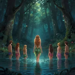 forest nymph rising from the water. view from behind, wide angle view, back view. nuri iyem, james gurney, james jean, greg rutkowski, anato finnstark, emma watson, taylor swift, tom cruise. trending on artstation, starlight, and enchanted dreams