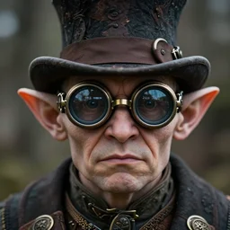 closeup portrait of a steampunk medieval goblin wearing a top hat and goggles, depth of field, zeiss lens, detailed, symmetrical, centered, fashion photoshoot, by Annie Leibovitz and Steve McCurry, David Lazar, Jimmy Nelsson, Breathtaking, 8k resolution, extremely detailed, beautiful, establishing shot, artistic, hyperrealistic, beautiful face, octane render