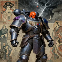 composition of gothic and futuristic, warhammer, cyber japan armor, more and more scars, thunderstorm, orange head, some purple greeb and blue, the middle ages, highly detailed, artstation, in the style of moebius, jugendstil and classic japanese print, art by david myers and rene magritte, compositon by jean delville