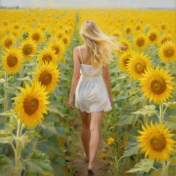 a blonde babe slowly walking through amazing tall sunflower field, her blonde hair flowing down, subtle, intricate details, real masterpiece, oil on canvas, by somsak anong