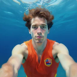 painting of an underwater selfie from a brown haired male lifeguard. Kuvshinov ilya. Sakimichan.