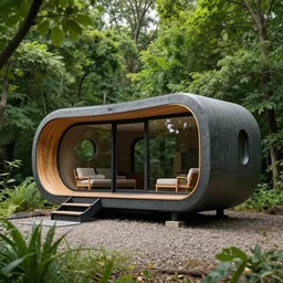 a large modern cabin sitting on detritus, with curved shapes and ergonomic design, lush foliage