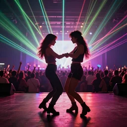 studio portrait of two friends dancing at a concert with a crowd and lasers, octane render, artstation, surrealism