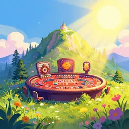 colorful sylvain sarrailh illustration of a casino over a small mountain, brightly illuminated by rays of sun, wildflowers, artstation
