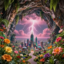 a massive volume cave with ultra - realistic bright coloured natural flowers and ferns : 4, a tiny miniature futuristic city : 5, overlooking an endless plain with pink lightning clouds : 4, highly symmetrical, balanced, octane render, in the style of sahm : 3 hd, 4 k, ultra - realistic, in unreal engine