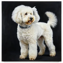 a white labradoodle astronaut, large scale painting by robert mccall and vladimir kush