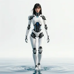 beautiful centered fine art photo portrait of hoyeon jung as a solarpunk robotic humanoid treading on water, white mechanical parts with led lights, ultra - detailed and intricate, white background, sun lighting, soft focus, slow exposure hdr 8 k