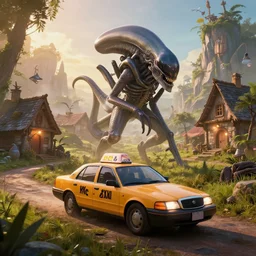 xenomorph taxi car in a fantasy village, calming, uplifting mood, ultra realistic, farm, small buildings, highly detailed, epic lighting, illuminated, cinematic, morning, art by eddie mendoza