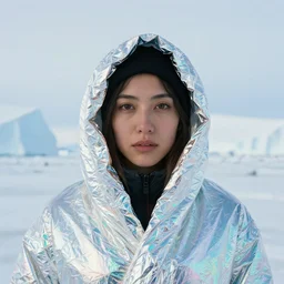 closeup portrait of a woman wrapped in iridescent foil, standing in antarctica, color photograph, by vincent desiderio, canon eos c 3 0 0, ƒ 1. 8, 3 5 mm, 8 k, medium - format print
