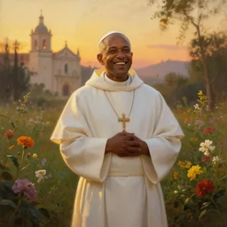 oil painting portrait of a happy joyful rejoicing smiling tonsured dominican monk in a white habit, standing in a flourishing garden at sunset with a monastery in the background, hazy, digital art, chiaroscuro, artstation, cinematic, golden hour, digital art painting by greg rutkowski, hazy atmosphere, flowers, cinematic lighting