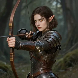 a single female half - elf archer, fully covering leather armor, detailed face, brunette, white skin, honey - colored eyes, bob haircut, young, pretty, high fantasy, forest background, highly detailed, digital painting, by tian zi, wlop, alphonse mucha
