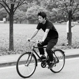 japanese man wearing a black t - shirt and trousers while riding a spring rider in the foreground, a few trees and one man in the background, b & w photo