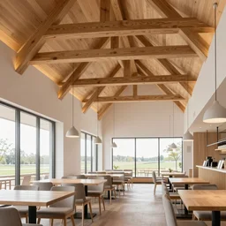 an modern interior design of a restaurant, architectural photography, clean scandinavian wood finishes, with large windows and a barrel vaulted exposed - truss oak ceiling