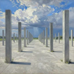 world of only concrete, a flat endless plane of concrete covered in thin, very tall concrete pillars that go on to the horizon, vegetation retaking the world, open sky, blue sky with clouds, god rays, beautiful painting, oil on canvas, by Ewa Czarniecka, award winning masterpiece,