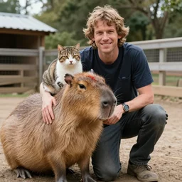 Jordan Peterson on a capybara ranch with a cat on his shoulder