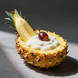 half a banana in a pineapple ring covered in yogurt with a grape on top, food photography