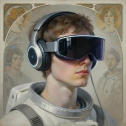 future coder looking on, eye visor and sleek neon headphones, neon accents, rim lighting, desaturated headshot portrait painting by dean cornwall, ilya repin, rhads, tom whalen, alex grey, alphonse mucha, donoto giancola, astronaut cyberpunk electric fashion photography