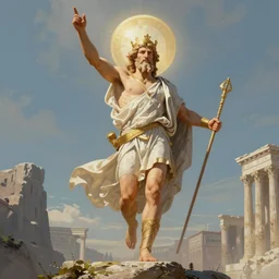 a digital painting of Zeus descending from mount Olympus