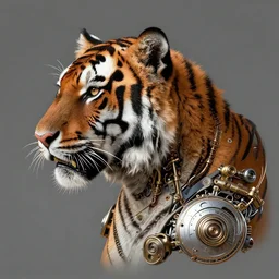 profile portrait of a tiger, computer parts, mechanical parts, by giuseppe arcimboldo, steampunk, cyberpunk, futuristic, psychedelic, surreal, sci - fi, vaporwave, alien, dreamlike.
