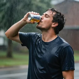 man standing outside, drinking a canned beer, it is raining and he has no shelter so he gets soaked.