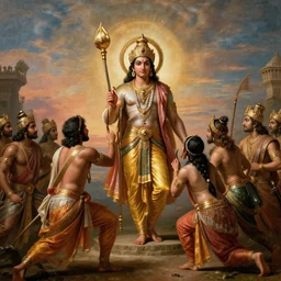 an epic cinematic scene from the Ramayan, by Canaletto, trending on ArtStation, HD, 8K, cinematic composition, highly detailed, best lighting, beautiful, epic, masterpiece, detailed, sharp,