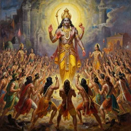 A colossal epic dramatic scene from Ramayan , by Bruce Pennington, by Wayne Barlowe, by Greg Rutkowski, oil on canvas, masterpiece, detailed, dynamic, cinematic composition, beautiful lighting, view from ground, trending on artstation, top on pixiv, 8K, no frames,