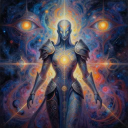 scifi astral warrior painting of abstract surrealist forms by yvonne mcgillivray by mandy jurgens by michael divine, powerful eyes glowing highly detailed painting, spiritual abstract forms, symmetrical, trending on art station, abstract emotional, very beautiful, fantasy digital art, highly detailed patterned visionary art, magic symbols, by michael divine, cosmic nebula