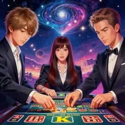 a close up of a casino gambling by inio asano, beeple and james jean, aya takano color style, 4 k, super detailed, night sky, digital art, digital painting, celestial, majestic, colorful