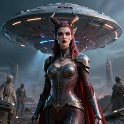 by wesley burt and basil gogos, visually stunning, cinematic, ultra realistic, hyper realism, 1 2 k, epic, octane render, unreal engine, vfx, maya, portrait of evil princess : spaceship ufo