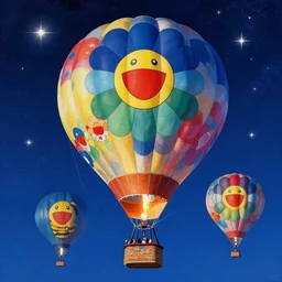 a hot balloon in the sky by takashi murakami,, beeple and james jean, aya takano color style, 4 k, super detailed, night sky, digital art, digital painting, celestial, majestic, colorful