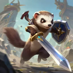 a fierce and violent ferret boy furry with a sword and shield leaps into the fray. league of legends splash art