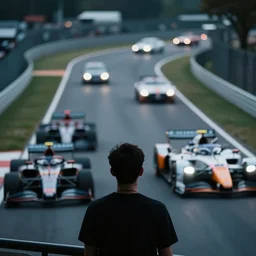 silhouette, person on foreground, turned back to the camera, watching cars drive by, bokeh, photorealistic, photo, fuji 2 0 0, canon 8 5 mm, bokeh, cold palette, cinematographic, racing cars, motorsports, chicane, getty images,