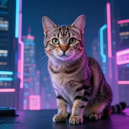 professional photograph of a cat in a neon dystopian city, high quality, highly detailed, HD, 8K