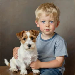 a four year old boy with short blonde hair and blue eyes sitting with a very cute wire haired jack russell terrier puppy, white with brown patches over both eyes. detailed, high quality painting by artgerm and greg rutkowski and ilya kuvshinov