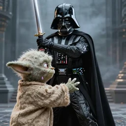 Yoda fighting Darth Vader, Cinematic, epic, awe inspiring, highly detailed, ultra realistic, ray traced