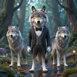 3 d render of a wolf as a gentleman wearing tuxedo in magical forest, smooth render, unreal engine 5, wet reflections, studio lighting, cinematic perspective, full hd