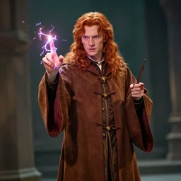male redhead wizard with along brown mantle, electric sparks running between fingers