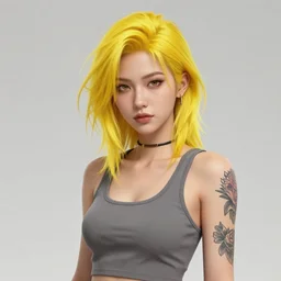 character portrait of a cool girl with messy yellow hair, wearing a tanktop, lesbian, tattooed arm, highly detailed, stylized, medium shot, vector line art, clean cel shaded vector art, by ross tron, lois van baarle, artgerm, helen huang, makoto shinkai, ilya kuvshinov, rossdraws