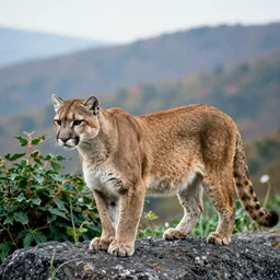 8k Reuters image of a cougar (puma concolor) in rural West Virginia, parthenocissus, film grain