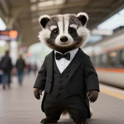 anthropomorphic furry badger wearing a tuxedo at a train station , Artstation