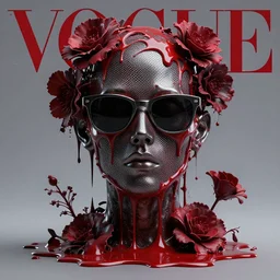 a head made out of melting metal, dark palette, it is wearing sunglasses and a net face, there are flowers all around it, red paint melting, vogue cover style, demonic style, smooth fractal style, ethereal fantasy style, 3 d perfect render style, horror style